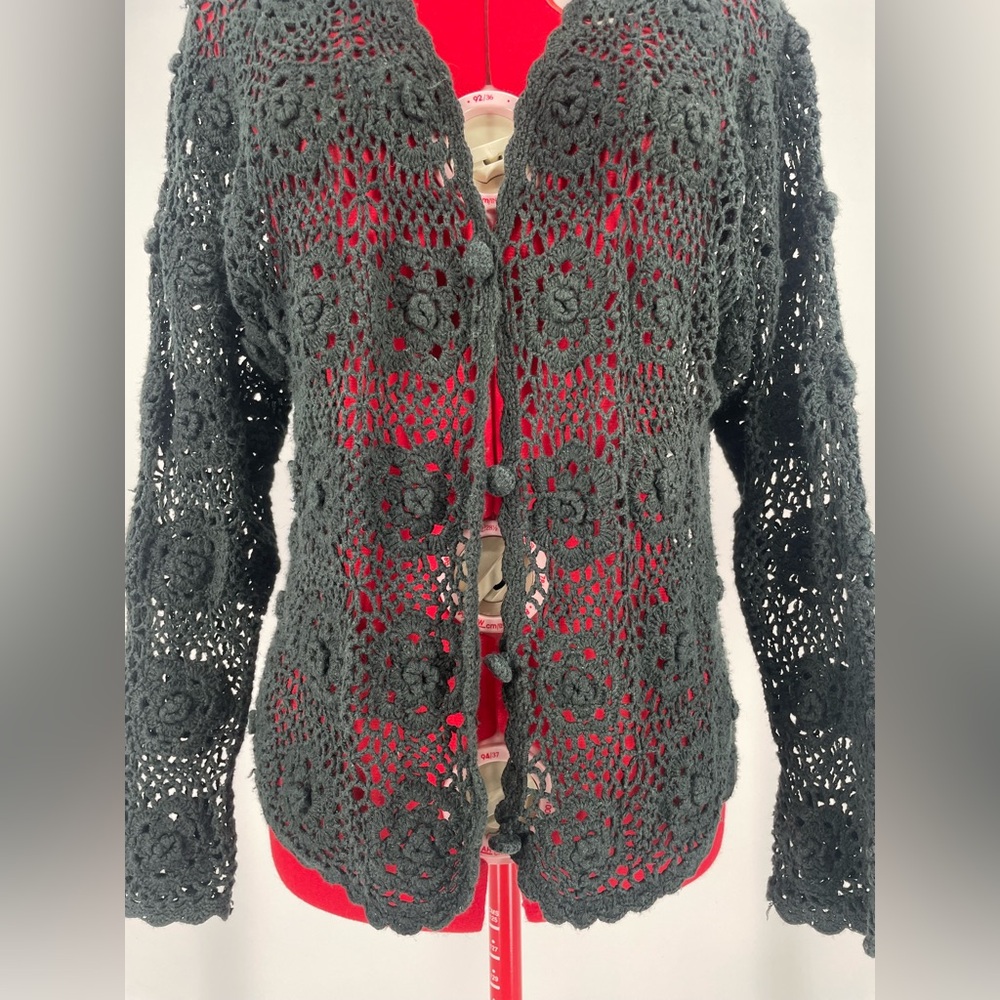 Vintage Hand Knit Gothic Black Floral Crocheted Cardigan Sweater / Open Knit - Picture 5 of 13